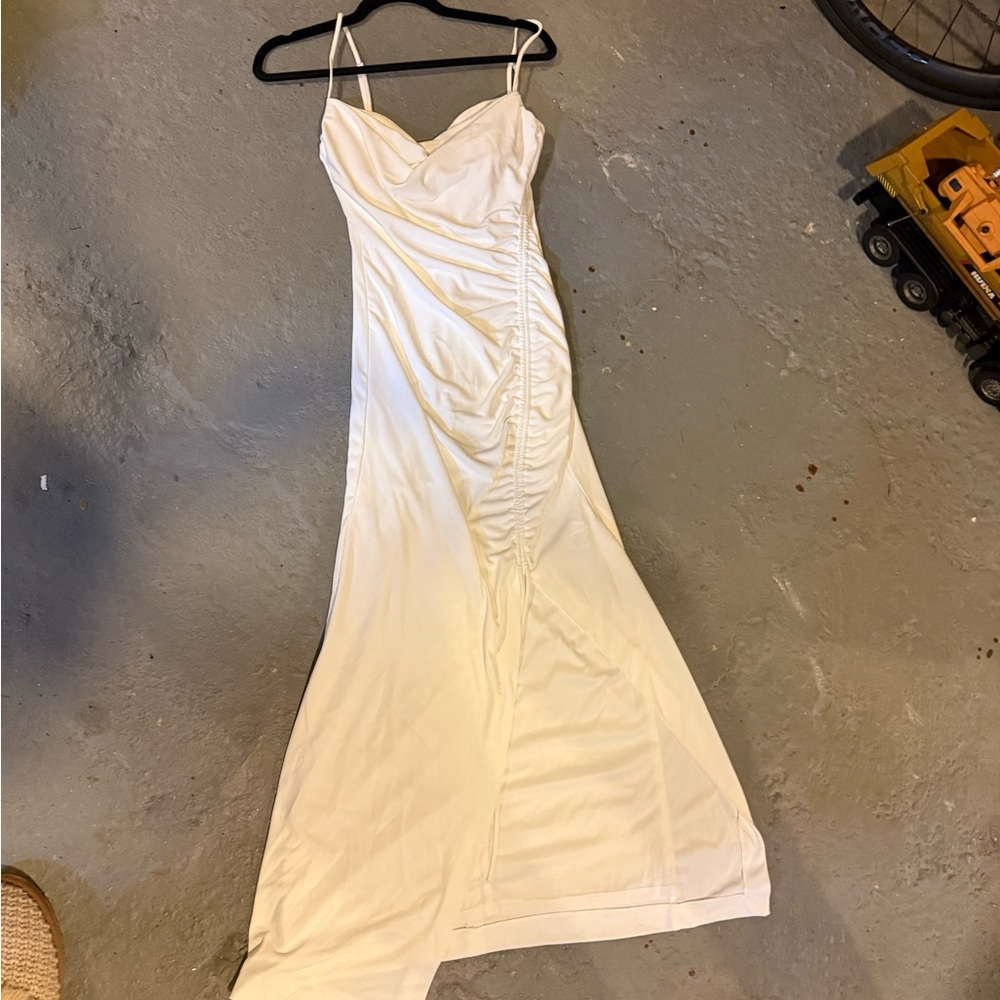 Zara White Ruched Maxi Slip Dress with Spaghetti Straps